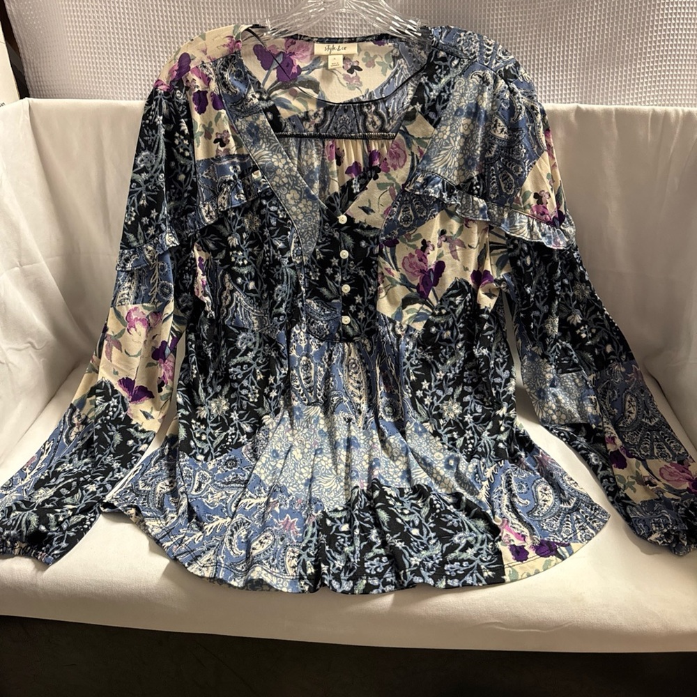 Style & Co. Printed Prairie Top BOHO Paisley Floral Ruffle Pleated Button Sz L - Picture 4 of 12
